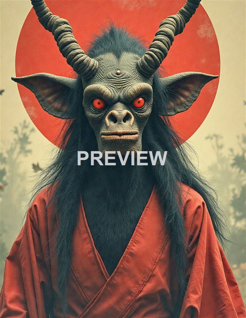 A humanoid figure wearing a traditional orange robe with the head replaced by a detailed, monstrous creature with large horns, red eyes, and a textured face, set against a background featuring a red sun and some trees.